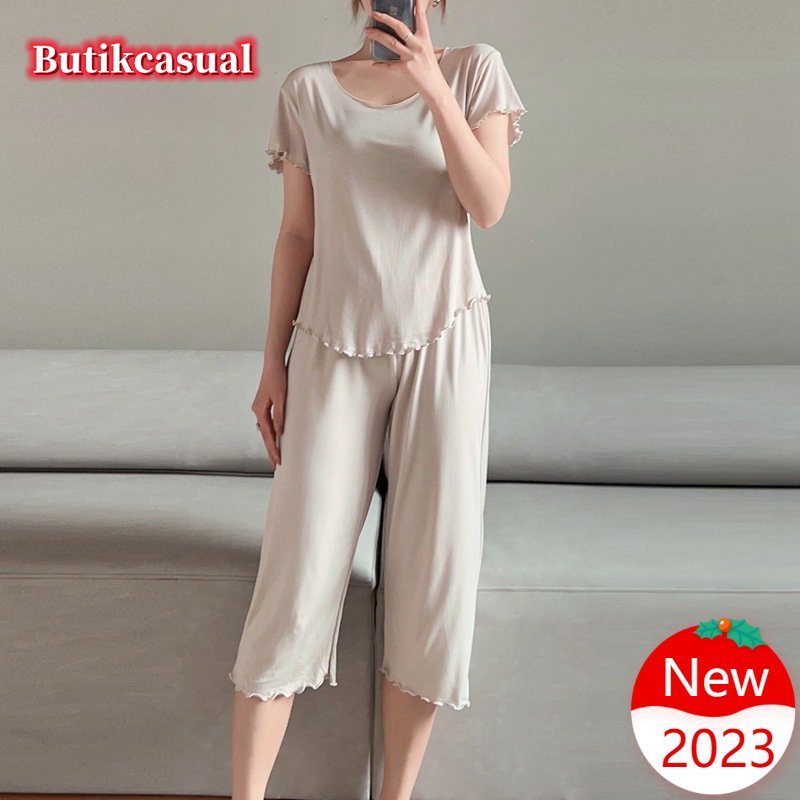 Bộ Đồ Ngủ Áo Thun Cotton Tay Ngắn Cổ Tròn + Quần Ngắn Mỏng Thời Trang Mới 2023 Cho Nữ