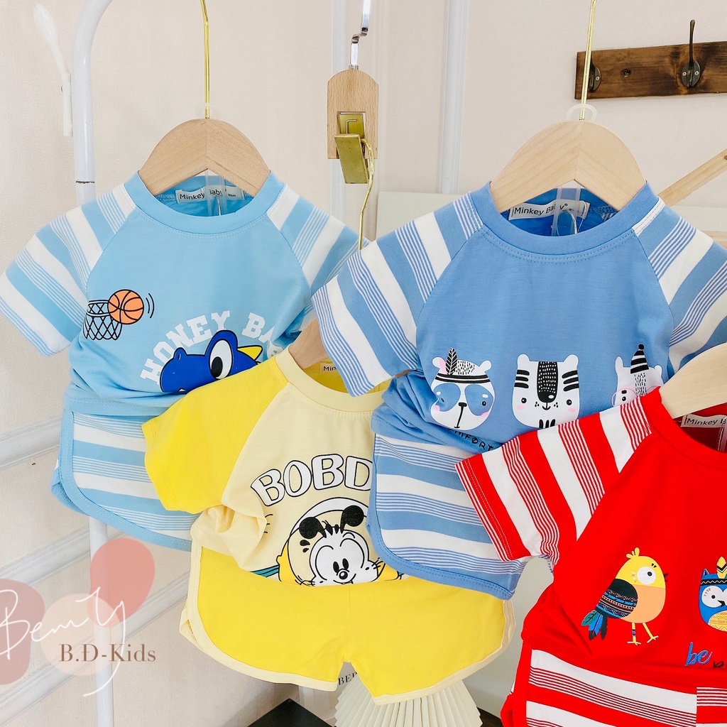 Full Size  Bộ Cộc Tay Phối Sọc In Hình Khủng Long Siêu Xinh Dành Cho Bé.