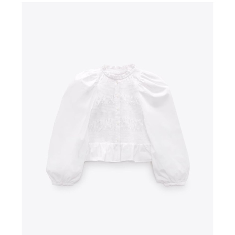 Zara Áo Sơ Mi Ngắn Cổ Tròn Nhún Bèo Trước Thiết Kế Hàng Nút Thời Trang Mùa Xuân 237969026