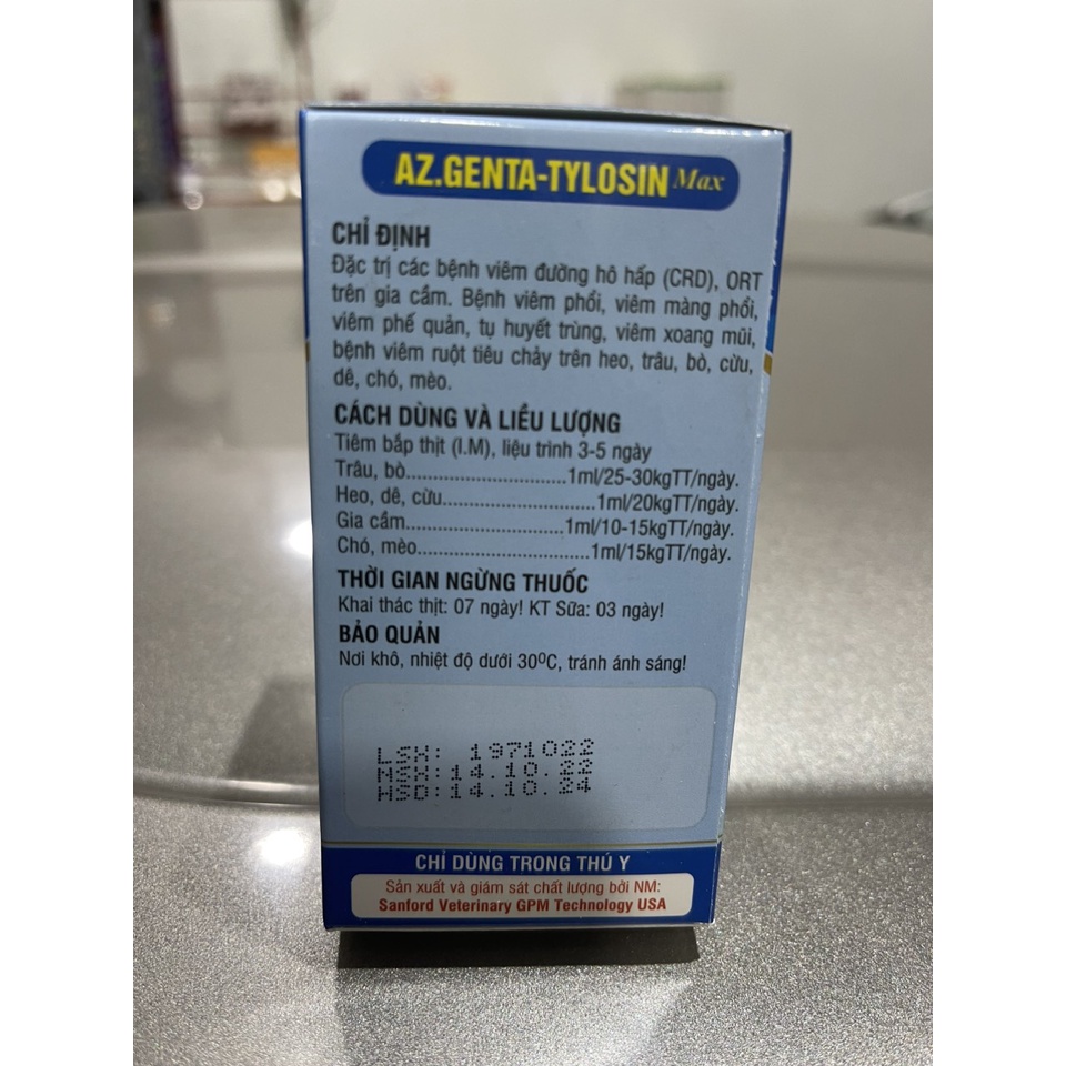 AZ.GENTA-TYLOSIN Hô hấp và tiêu chảy trên vật nuôi gentatylosin hàm lượng cao kết hợp tá dược đặc hiệu.