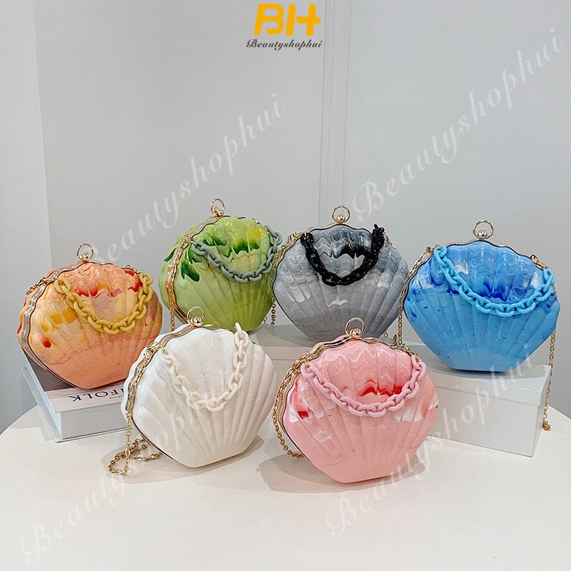 Túi Đeo Chéo Bằng Acrylic Màu Nhuộm Phối Dây Xích Thời Trang Mới Cho Nữ