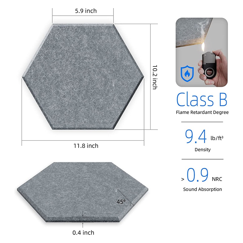 Set 12 Tấm Xốp Cách Âm 12X10X0.4In Hình Lục Giác Màu Xám