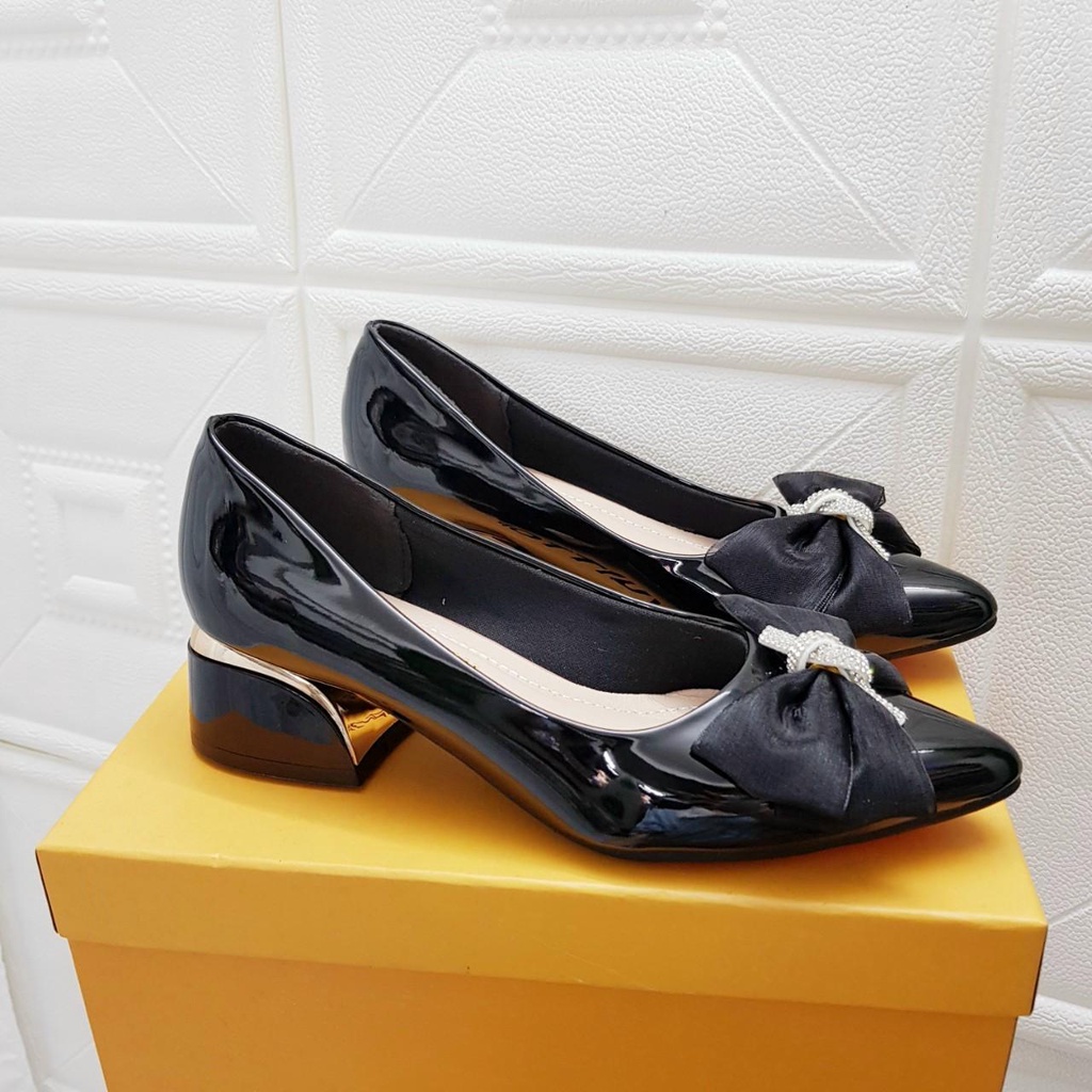 Giày cao gót nữ giày gót vuông 3cm giày búp bê nơ đá 3P