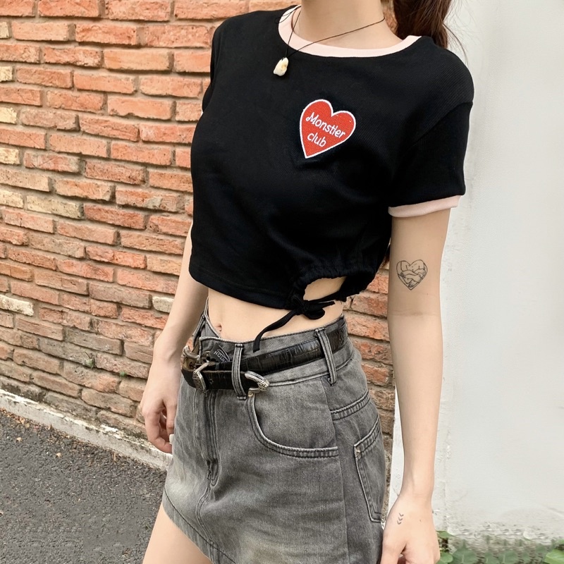 Áo Croptop Dây Rút chiết eo siu xinh - Thêu Trái Tim Chữ Monstier