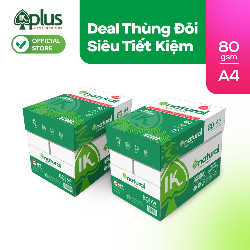 Combo 2 Thùng giấy IK Natural A4 80gsm - Giấy photo, giấy in văn phong, giấy vẽ - Hàng chính hãng