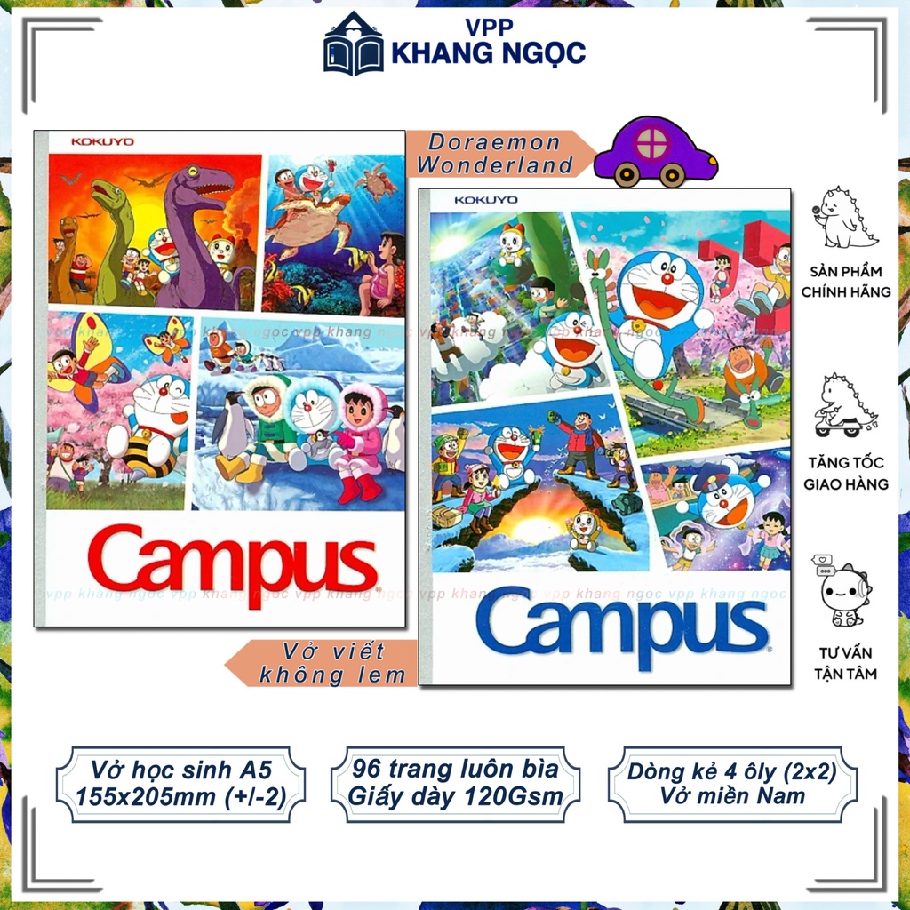Lốc 5 Quyển Vở Học Sinh 96 Trang 4 Ô Ly - Campus Doraemon Wonderland, ĐL 120gsm