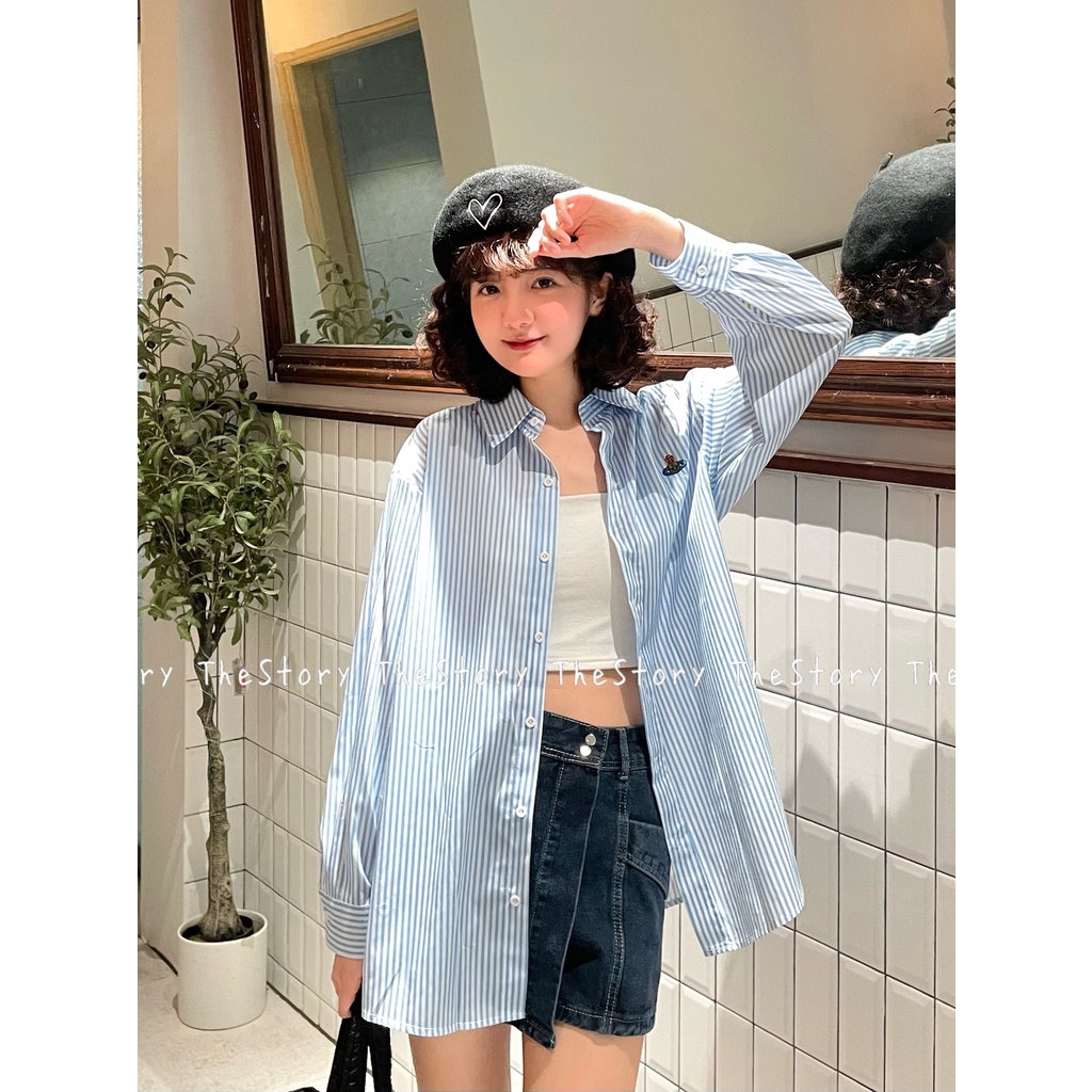 Áo sơ mi sọc xanh có thêu hình  A2813