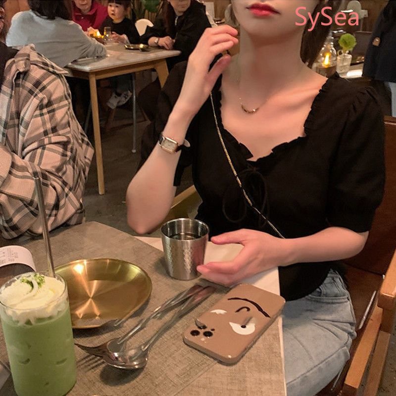 Plus Áo Kiểu Tay Ngắn Rút Dây Phong Cách Vintage Pháp Cho Nữ