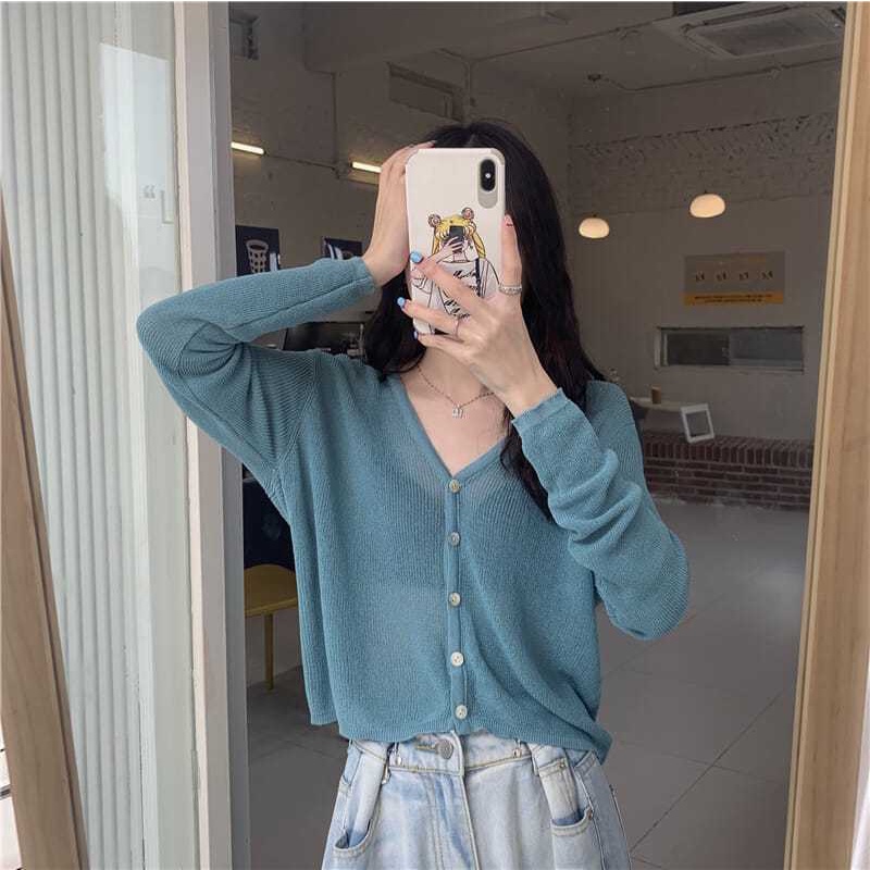 áo kiểu khoác cardigan dệt kim tay dài sơ mi croptop len cổ chữ v chất liệu lụa chống nắng thời trang cho nữ