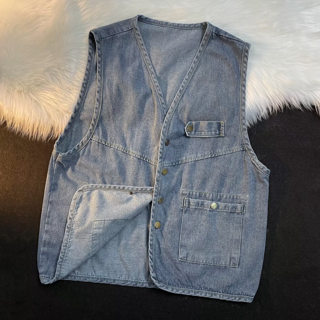Áo Khoác Denim Sát Nách Dáng Rộng Kiểu Retro Nhật Bản Cá Tính Cho Nam Cỡ M-2XL