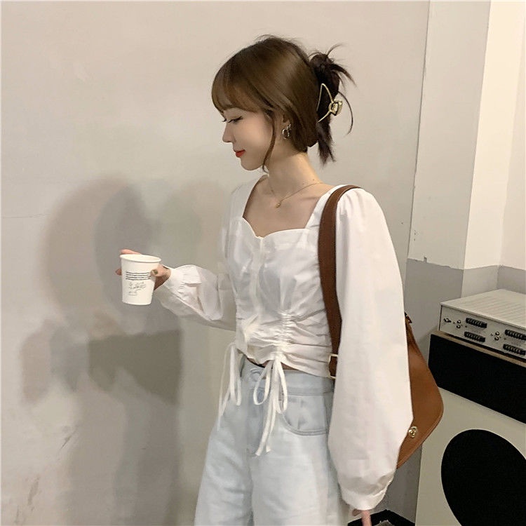 Áo Sơ Mi Ngắn Tay Dài Cổ Vuông Họa Tiết Kẻ Ô Thiết Kế Dây Rút Thời Trang Mùa Thu Hàn Quốc Mới 2022