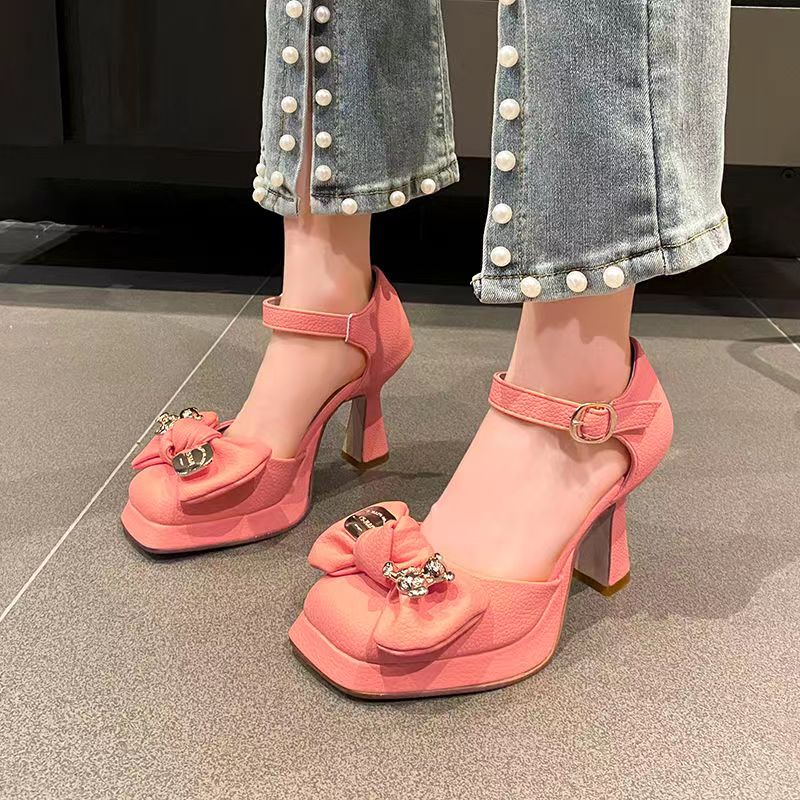 giày nữ Nơ mới với đôi giày cao gót, đôi giày màu hồng, đôi giày pháp đầu Marie Jane gót giày búp bê nữ
