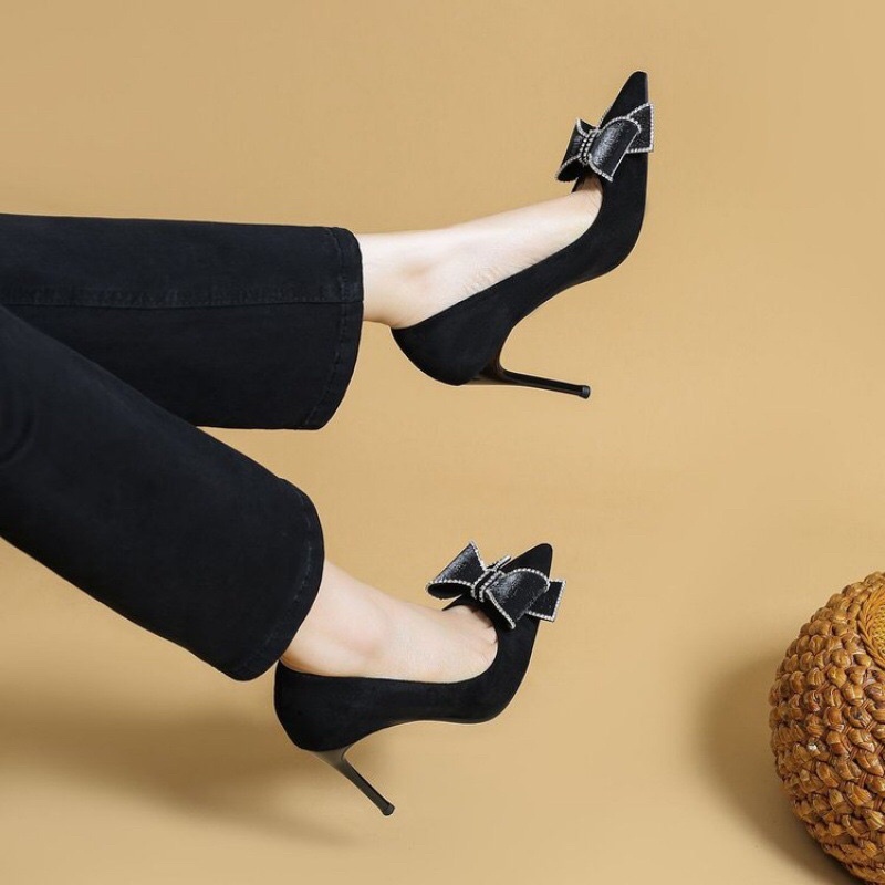 Guốc Cao Gót Mũi Nhọn Nơ Đính Đá Cao 7-9cm Màu Đen Sang Chảnh