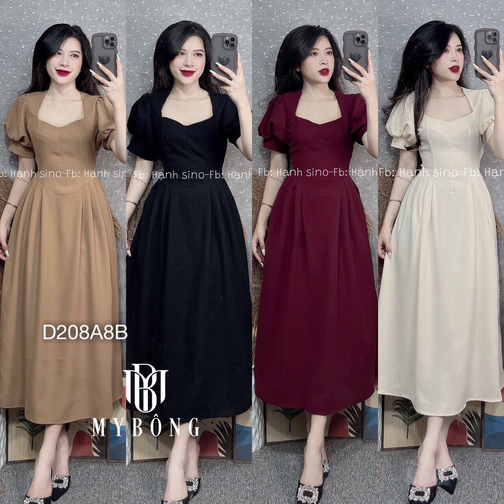 Đầm midi tay bồng cổ vuông sang chảnh ,đầm xoè dáng dài cho nữ đi tiệc dạ hội 4 màu đen /nâu /be /đỏ