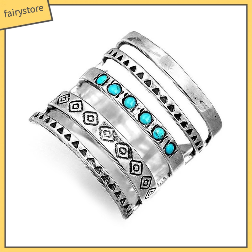 [Fairy1] Nhẫn Nhiều Lớp Họa Tiết Biểu Tượng Đính Đá Ngọc Lam Phong Cách Bohomian Cho Nữ