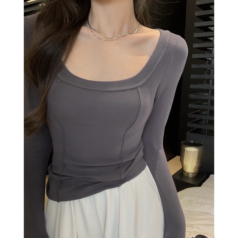 [2 Màu] Áo Thun Tay Dài Mỏng Bên Trong Với Quần Legging Ngắn insU Cổ Chữ U