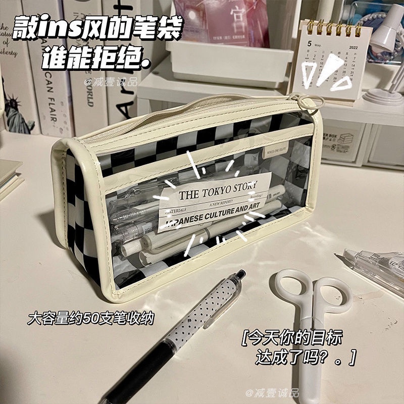 Túi Đựng Bút Chì Kẻ Ô Màu Trắng Đen Dung Tích Lớn Phong Cách Nhật Bản