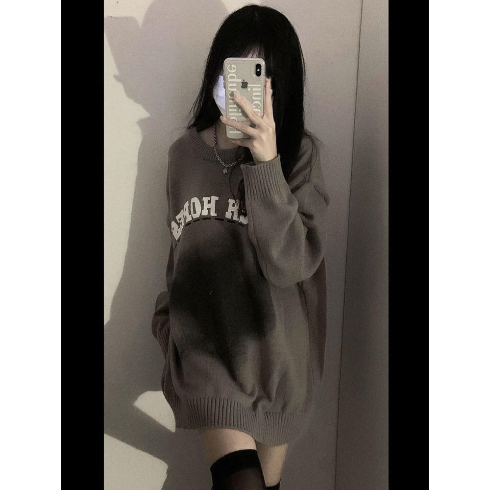 Áo Sweater Dáng Rộng Màu Xám Nhuộm Phong Cách Đường Phố Mới Cho Nữ