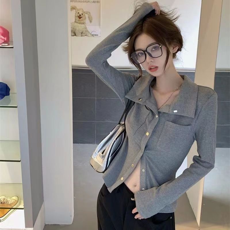 Áo Khoác Cardigan Tay Dài Dáng Ôm Cài Khuy Kim Loại Phong Cách Mỹ Thời Trang Mùa Thu Cho Bạn Gái