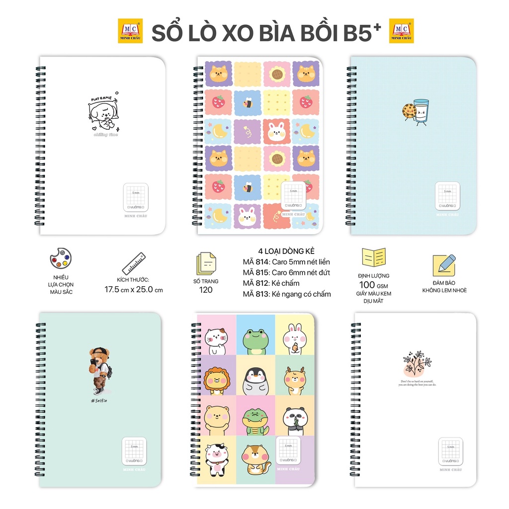 Sổ lò xo bìa bồi B5 MINH CHÂU,100gsm,120 trang, nhiều loại dòng kẻ