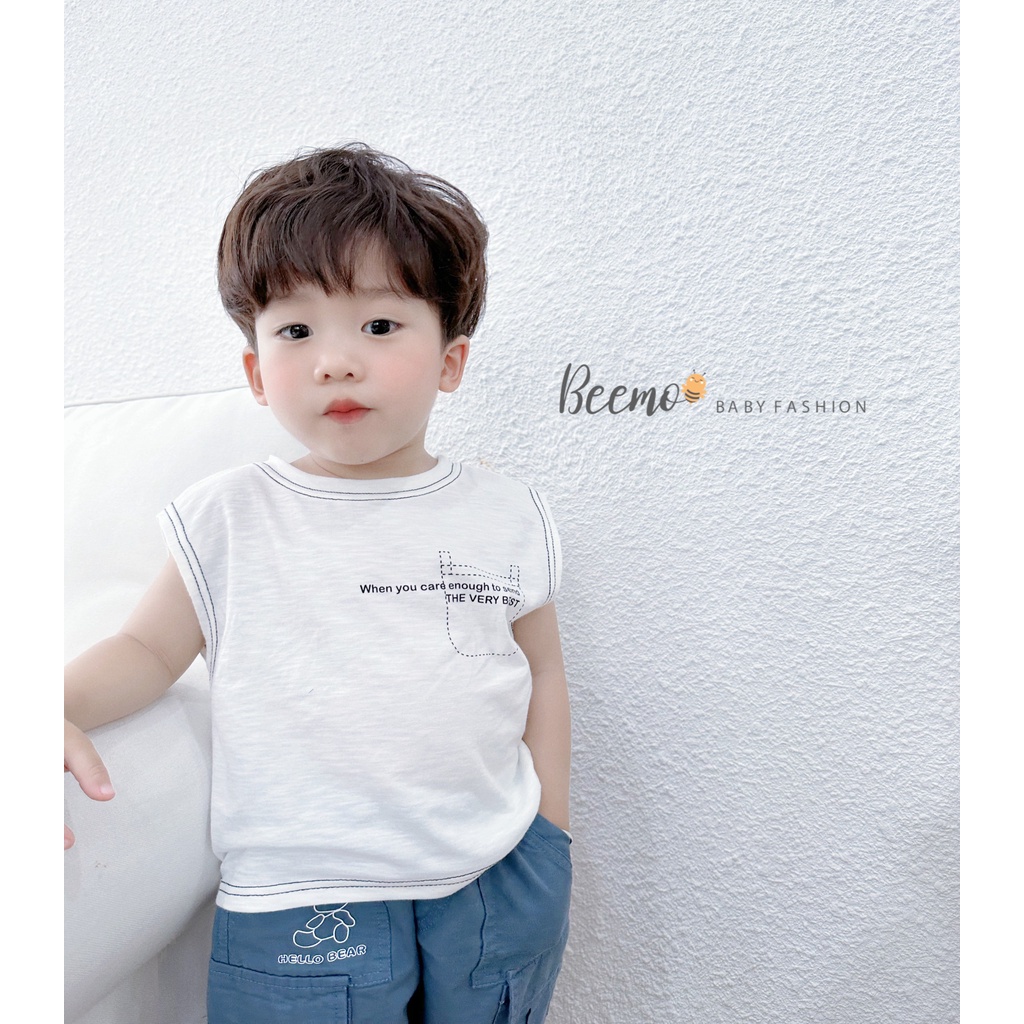 Áo ba lỗ Beemo may chỉ nổi in chữ trước ngực chất liệu cotton xược mặc đi học, đi chơi cho bé từ 1 - 7 tuổi 23147A1