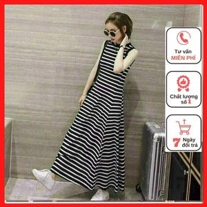 [có chính sách đổi trả] Đầm Maxi Thun Sọc Viền Bo, Đầm Maxi, có video và ảnh thật