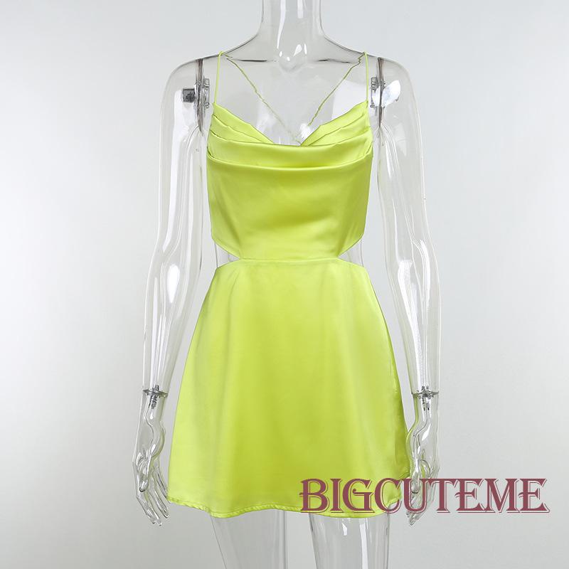 [] - Đầm Ngắn Không Tay Màu Trơn Khoét Lưng Thấp Mùa Hè Cho Nữ