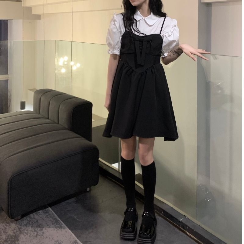 Set Áo Sơ Mi Trắng Tay Phồng + Đầm Chiết Eo Đính Nơ Thời Trang Dành Cho Nữ