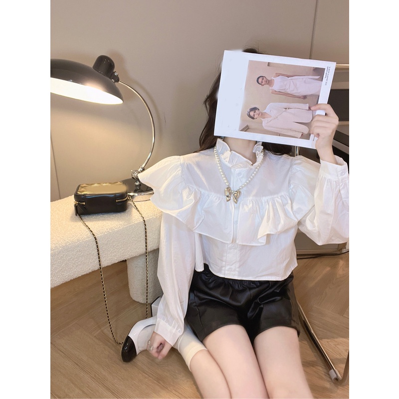 Áo Sơ Mi Tay Dài Rộng Cổ Thắt Dây Eo Cao Phong Cách Mới Dành Cho Nữ