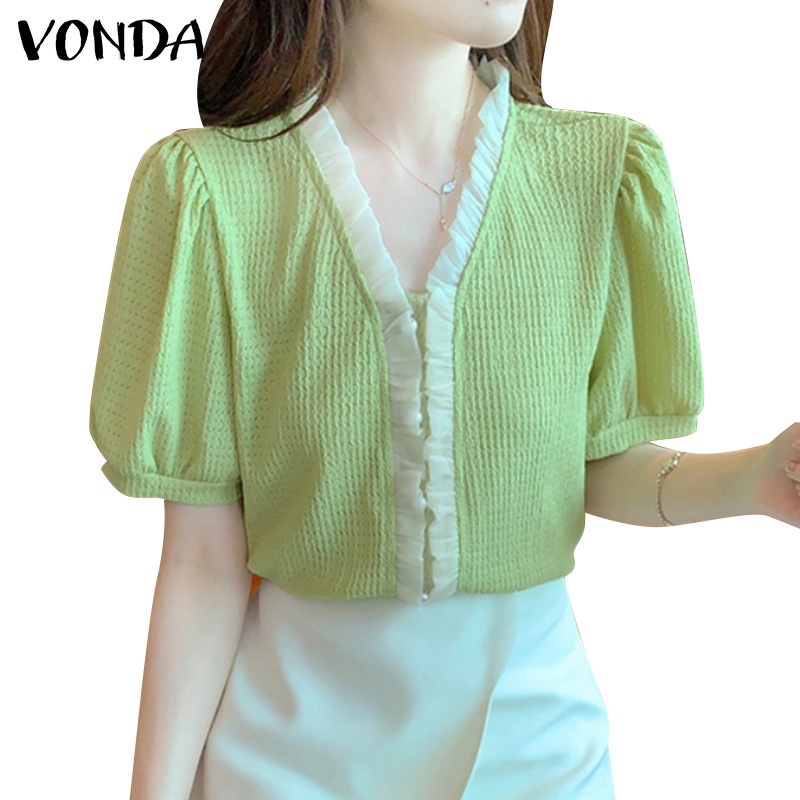 Áo vải VONDA tay ngắn cổ chữ V màu sắc trơn phong cách Hàn Quốc dành cho nữ
