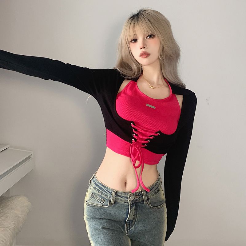 Áo Thun Lửng Tay Dài Phối Dây Buộc Thiết Kế Trẻ Trung Cá Tính