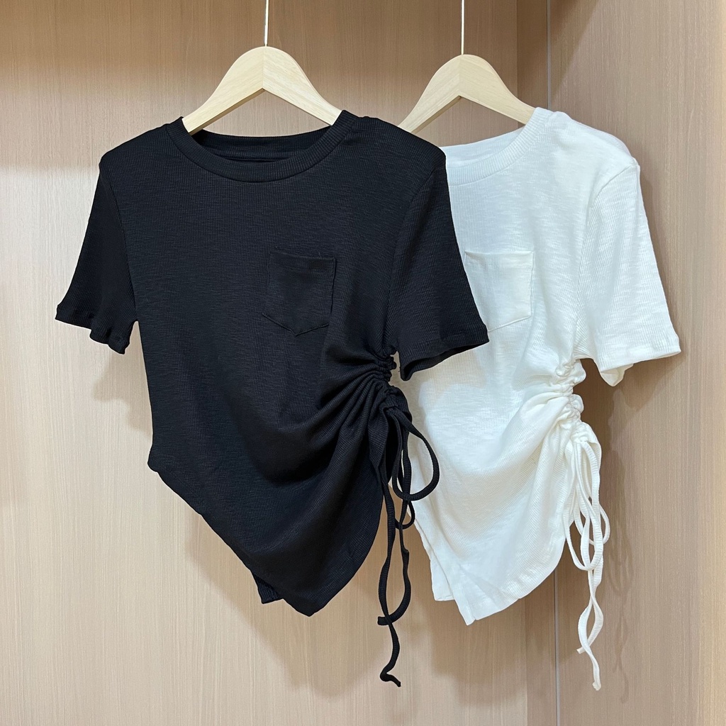 Áo croptop nữ tay ngắn vạt nhọn cổ tròn phối dây rút hông , Áo kiểu croptop cổ tròn tay ngắn TATN001 | BigBuy360 - bigbuy360.vn