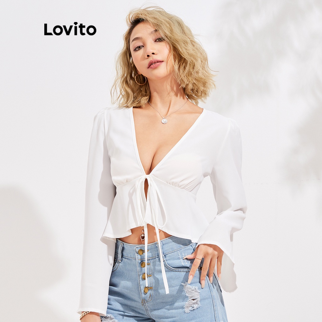 (Vật phẩm thiết yếu) Cổ chữ V cổ điển dây rút màu trơn phía trước thiết kế xếp nếp