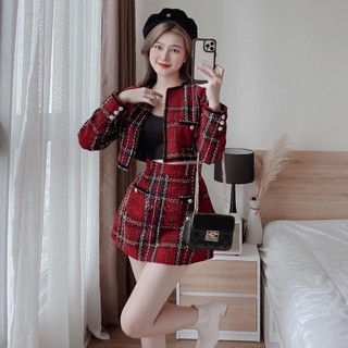 Set Dạ Đỏ Sọc Đen Tay Dài - S31073