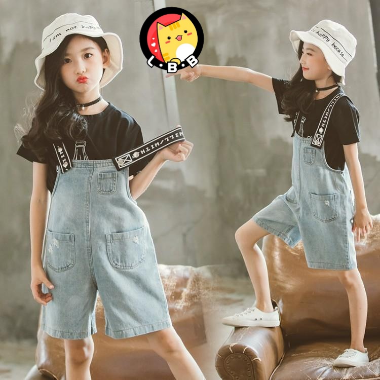 Set Áo Thun Tay Ngắn + Quần Yếm Denim Thời Trang Mùa Hè Mới Cho Bé Gái 3-5 - 8-10 - 12-13 Tuổi