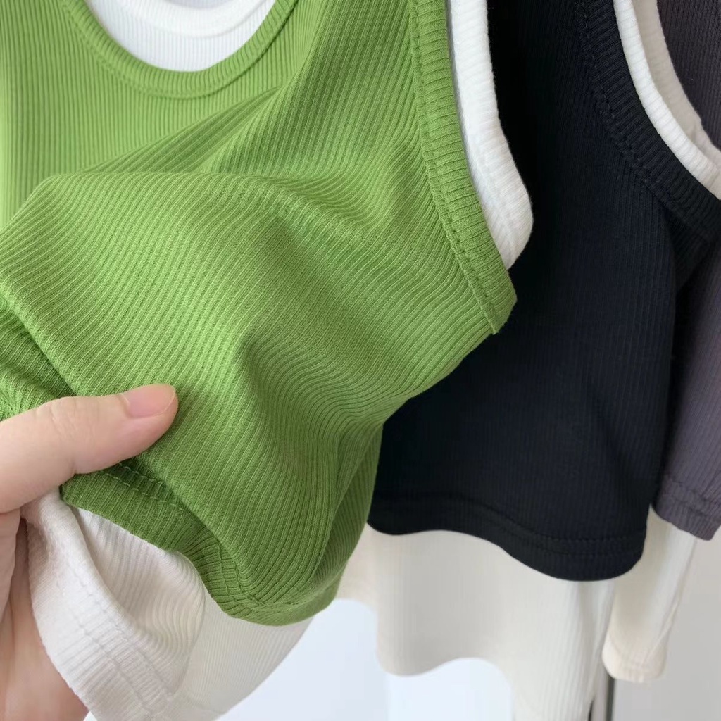 Áo Thun Không Tay Giả Hai Lớp Thời Trang Dành Cho Nữ