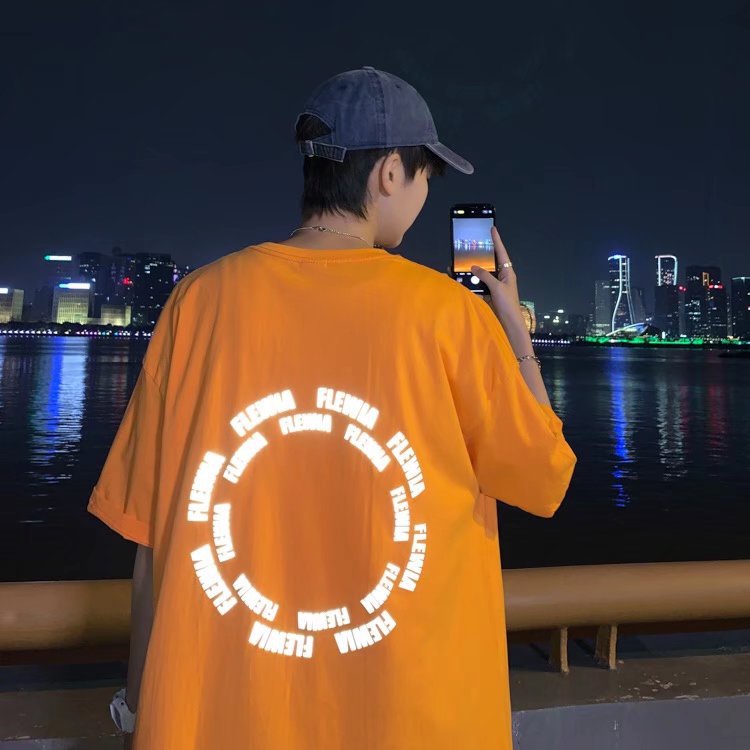 Áo Thun Tay Lỡ Cổ Tròn Dáng Rộng In Chữ Phản Quang Phong Cách Hong Kong Thời Trang Mùa Hè Cho Nam Fru332