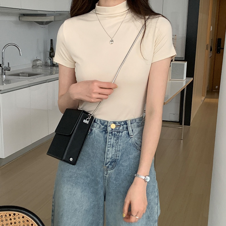 Áo thun SUXI tay ngắn cổ đứng dáng ôm màu trơn thời trang mùa hè cho nữ