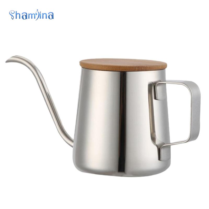 Shamjina Ấm Đun Nước Cổ Ngỗng Bằng Thép Không Gỉ Cao Cấp 250ml/350ml Bình rót cà phê bằng thép không gỉ có nắp bằng gỗ