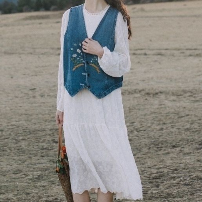Áo Khoác Denim Không Tay Dáng Rộng Thêu Họa Tiết Phong Cách Cổ Điển Thời Trang Cho Nữ