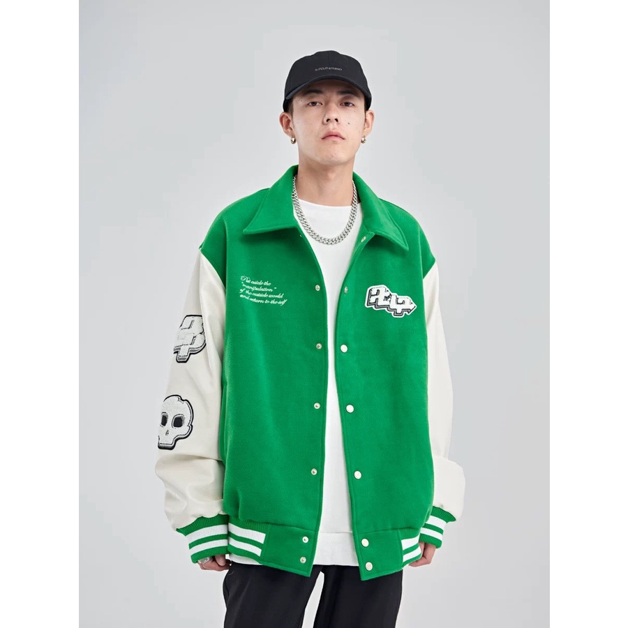 Varsity jacket , áo khoác bomber tay da unisex thân dạ hình xương 2 màu cực hot 2023