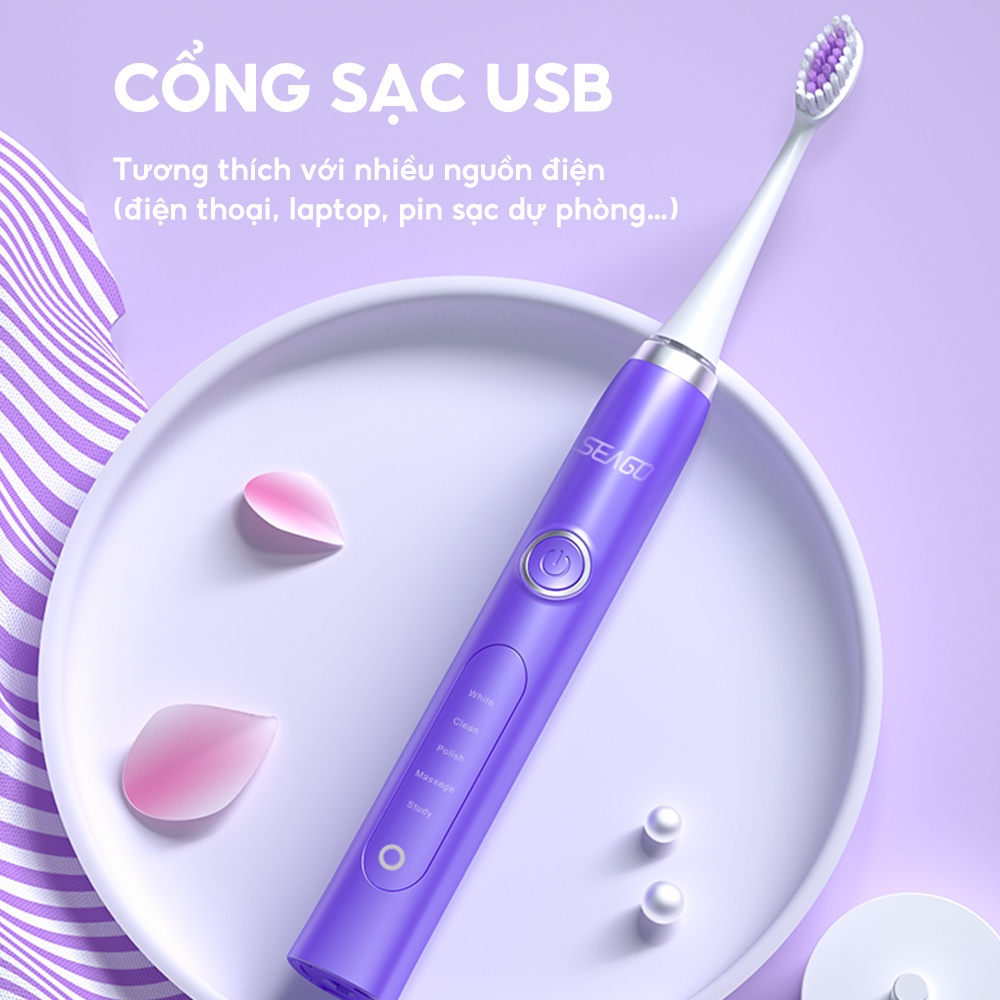 Bàn chải điện 5 chế độ | Thiết kế sang trọng Sonic Seago SG-986 - Bảo hành 12 tháng - Hàng chính hãng