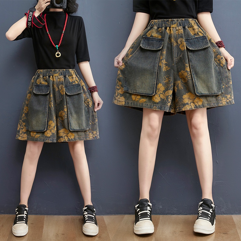 A416 quần short bigsize freesize họa tiết in hoa jean cạp chun thoải mái phong cách