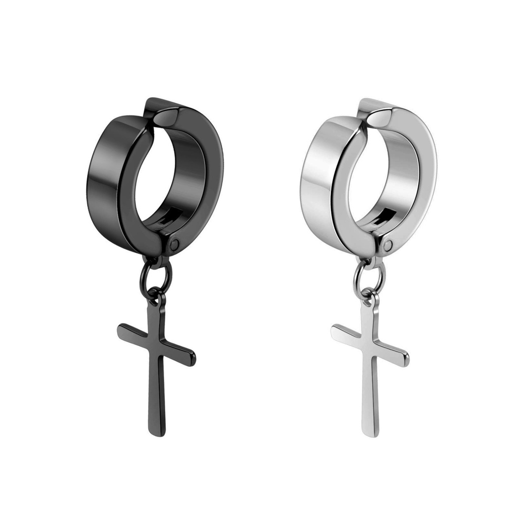 Khuyên Tai Dạng Kẹp Hình Thánh Giá Màu Đen Bằng Thép Không Gỉ Phong Cách Punk Hàn Quốc