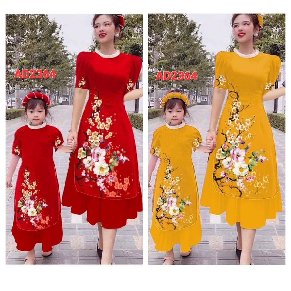 ADB2364 Set Áo Dài Cách Tân bé họa tiết hoa đào cổ tròn bèo dập ly