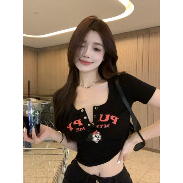 Áo Thun Ngắn Tay Cổ Chữ V In Họa Tiết Thời Trang Mùa Hè Cho Nữ