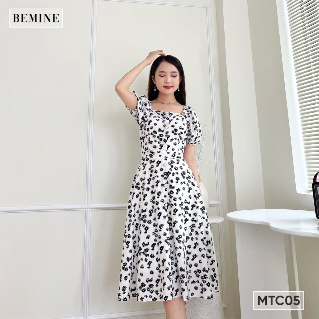 Đầm hoa tay phồng nút dọc BEMINE MTC05