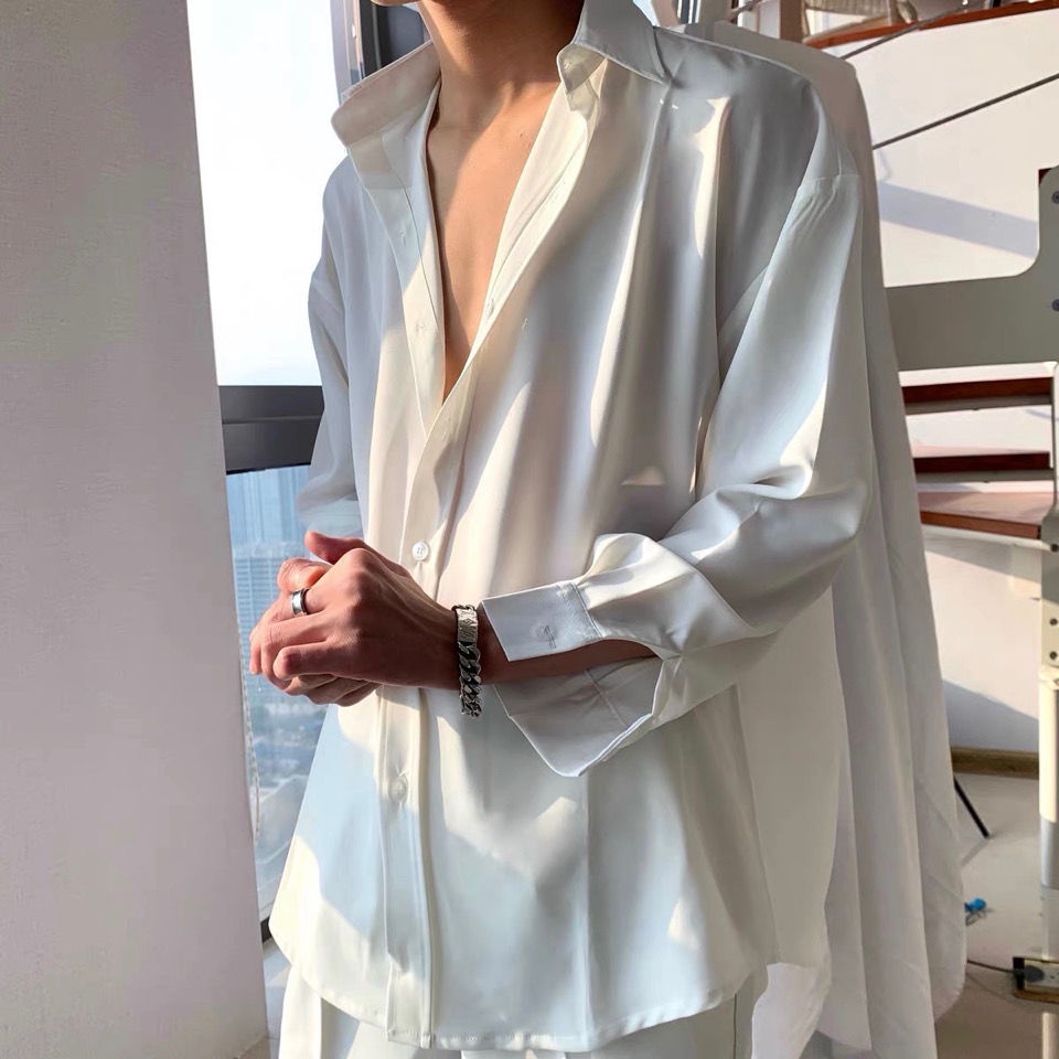 Áo Sơ Mi Lụa Lạnh Tay Dài Dáng Rộng Thời Trang Cho Cặp Đôi Có 2 Kiểu Size M-3Xl