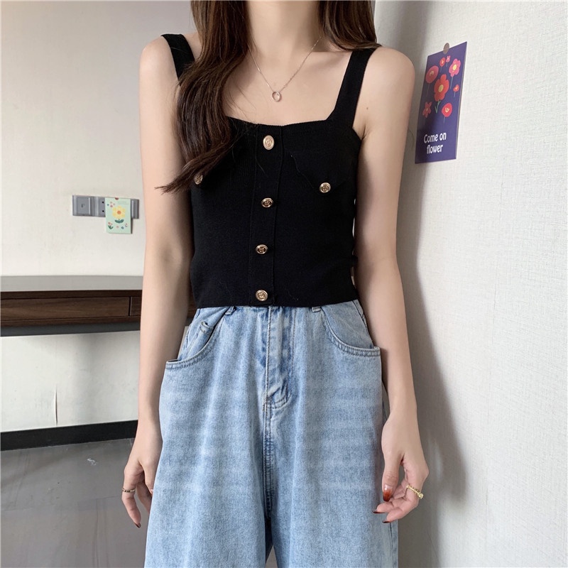 Áo Dệt Kim Hai Dây Dáng Ngắn Đơn Giản Hợp Thời Trang