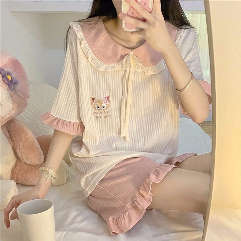 Bộ đồ ngủ phong cách công chúa nữ mùa hè ngắn tay búp bê cổ áo diềm xếp nếp ngọt ngào dễ thương bộ đồ phục vụ mặc nhà